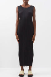 Vestido midi plisado sin mangas, elegante, con cuello redondo y corte recto de verano - Negro